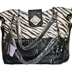 M.C. Marc Chantal Croco Embossed Genuine Leather Tote - Zebra